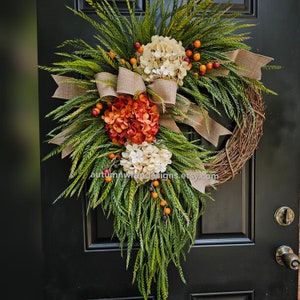 Extra Large 32x26 Fall Greenery Wreath with Pumpkin Orange and Creamy white Hydrangeas and Berries, Fall Door Wreath with burlap bow