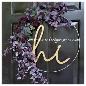 Modern HOOP Wreath with hi sign, Minimalistic Wine Berry Hoop Wreath for Front Door, Modern Door Wreath,  Purple Wreaths