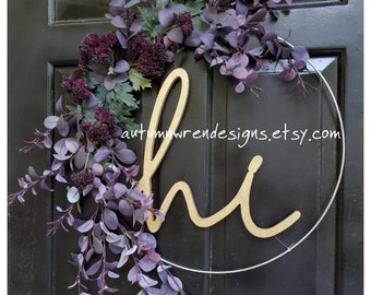 Modern HOOP Wreath with hi sign, Minimalistic Wine Berry Hoop Wreath for Front Door, Modern Door Wreath,  Purple Wreaths