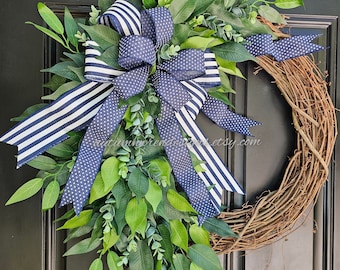 Stars and Stripes Greenery Wreath, LARGE 21" year round Eucalyptus Wreath for Front Door, Patriotic Wreath with Blue striped bow