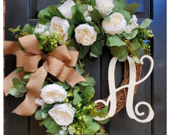 All Season Cottage Garden Wreath with Eucalyptus and Large Cabbage Roses, Vintage greenery wreath for door, Gift