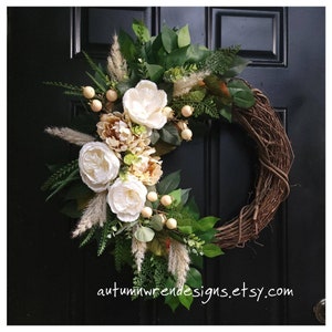 LARGE Neutral Wreath for Door, Cream White Decor, Eucalyptus Wreath,  Peony Wreath with Eucalyptus, Gift