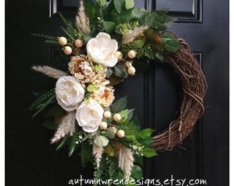 LARGE Neutral Wreath for Door, Cream White Decor, Eucalyptus Wreath,  Peony Wreath with Eucalyptus, Gift