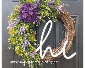 Purple Hydrangea "Hi" Wreath with Eucalyptus and Purple Lavender, Eucalyptus Door Wreath, /Summer Door Wreath, Gift
