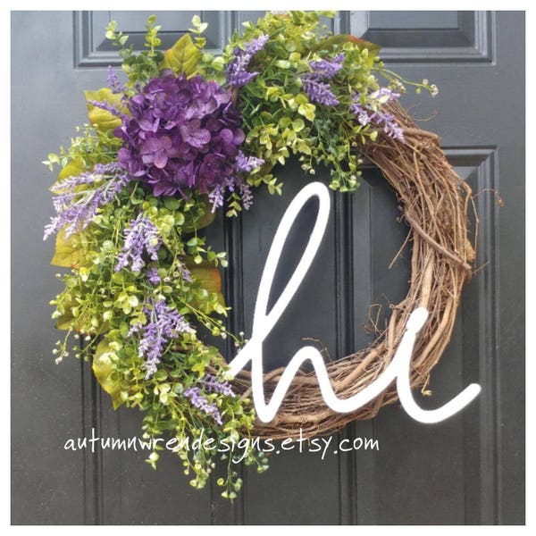 Purple Hydrangea "Hi" Wreath with Eucalyptus and Purple Lavender, Eucalyptus Door Wreath, /Summer Door Wreath, Gift