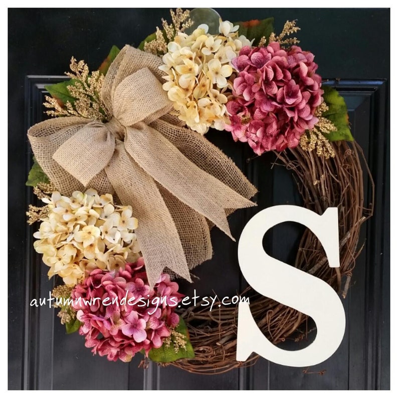 SPRING Front Door Wreath, Monogram Wreath with Cranberry Pink and Cream Hydrangeas for Door, Personalized Mothers day gift image 1