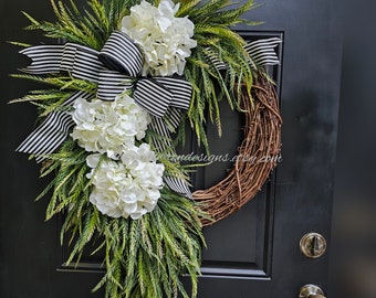 Extra Large Year round Greenery Wreath, Spring Door Wreath with Creamy white Hydrangeas and Black striped bow, Mother s Gift