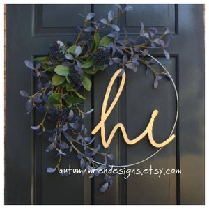 Modern HOOP Wreath with Blue Leaves Hi Sign, Front Door Wreath with hi sign, Modern Hoop Wreath for Front Door, Wreaths, Gift image 5