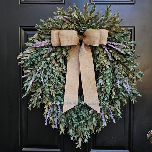 Greenery Wreath Year Round, LARGE 22"×26" Purple Lavender, Ruscus and Boxwood Wreath for Front Door, Everyday Wreath,  Mothers day gift