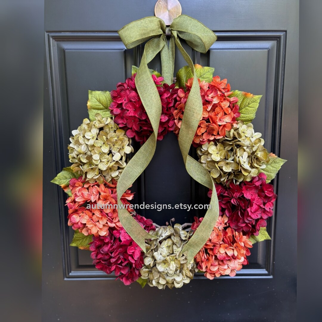 FALL Wreath, LARGE Fall Hydrangea Wreath for Front Door, Orange Red and ...