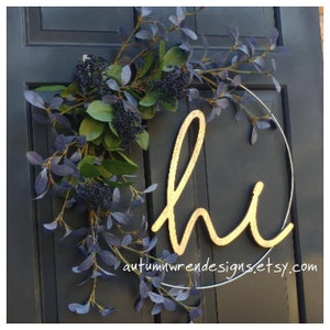 Modern HOOP Wreath with Blue Leaves Hi Sign, Front Door Wreath with hi sign, Modern Hoop Wreath for Front Door, Wreaths, Gift image 4