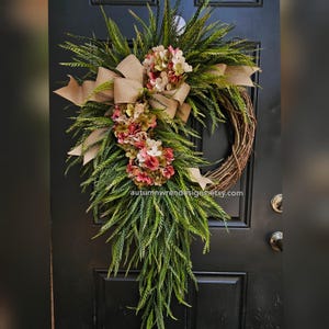 Extra Large 26x32 Pink Hydrangeas Wreath, Blended Pink Green and Cream Spring Door Wreath with bow, Gift