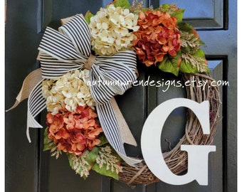 FALL Door Wreath - Autumn Wreaths - Orange Wreath for Front Door - Hydrangea Wreath, Gift