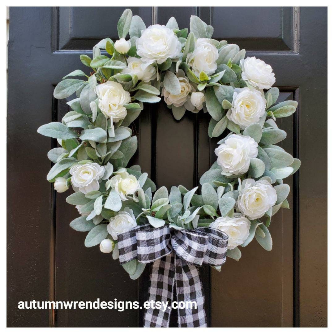 Large Farmhouse Lambs Ear Wreath With Buffalo Plaid Bow, Lambs Ear ...