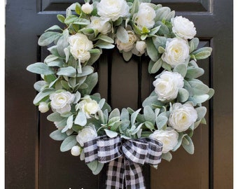 Large Farmhouse Lambs Ear Wreath with Buffalo Plaid Bow, Lambs ear Greenery and White Ranunculus, Farmhouse greenery door wreath, Gift