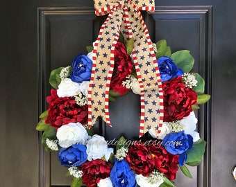 Patriotic Wreath for Front Door, Military, Red white and Blue Decor, 4th July Wreath, Red Peony Wreath, Peony Door Wreath, Stars and Stripes