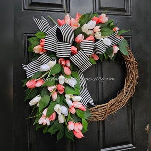 Spring Coral Peach Tulip Wreath, Spring Wreath for Front Door, Peach Tulip Wreath, Spring Farmhouse Wreath with Tulips, mothers day gift image 2