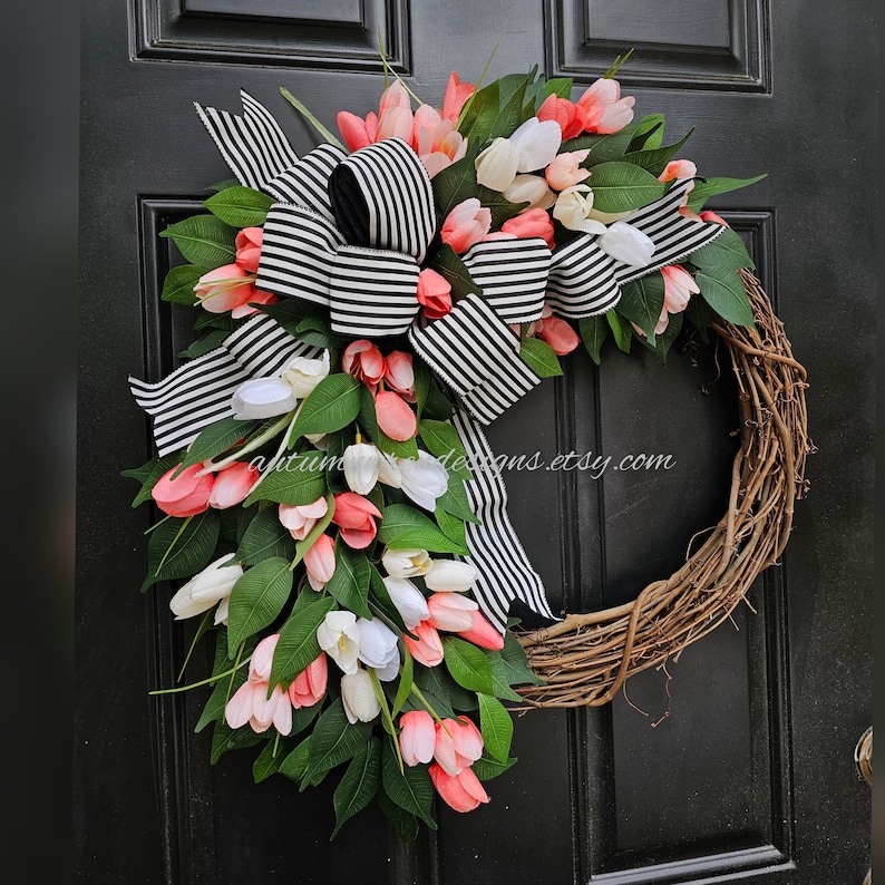 Spring Coral Peach Tulip Wreath, Spring Wreath for Front Door, Peach Tulip Wreath, Spring Farmhouse Wreath with Tulips, mothers day gift image 2