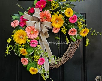 Large colorful Spring Wreath, Pink Coral door wreath, Pink Green and Yellow decor, Spring Door Wreath, Mothers day gift