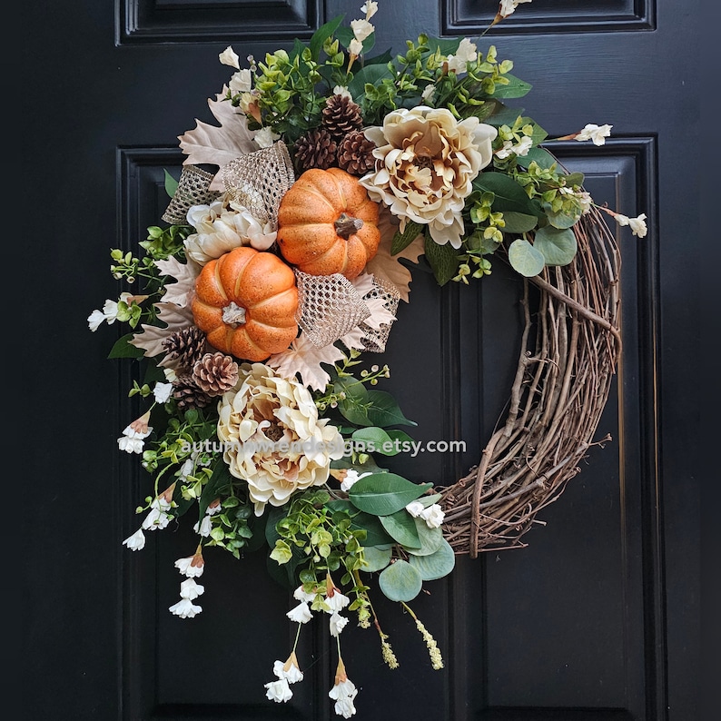 FALL Neutral Peony and Pinecone Wreath, Large Fall Wreath with Pumpkin Orange and Cream, Fall Door Wreath, Eucalyptus Wreath, Gift image 1