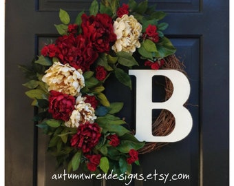 Red Winter Door Decor, Everyday Wreaths, Red and Cream Year Round Wreath for Front Door, Large Hydrangea Wreath, Gift