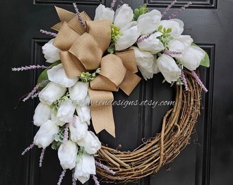 Couronne de tulipes printanières et lavande, tulipe blanche et lavande violette, couronne de tulipes blanches neutres, couronne de printemps violette