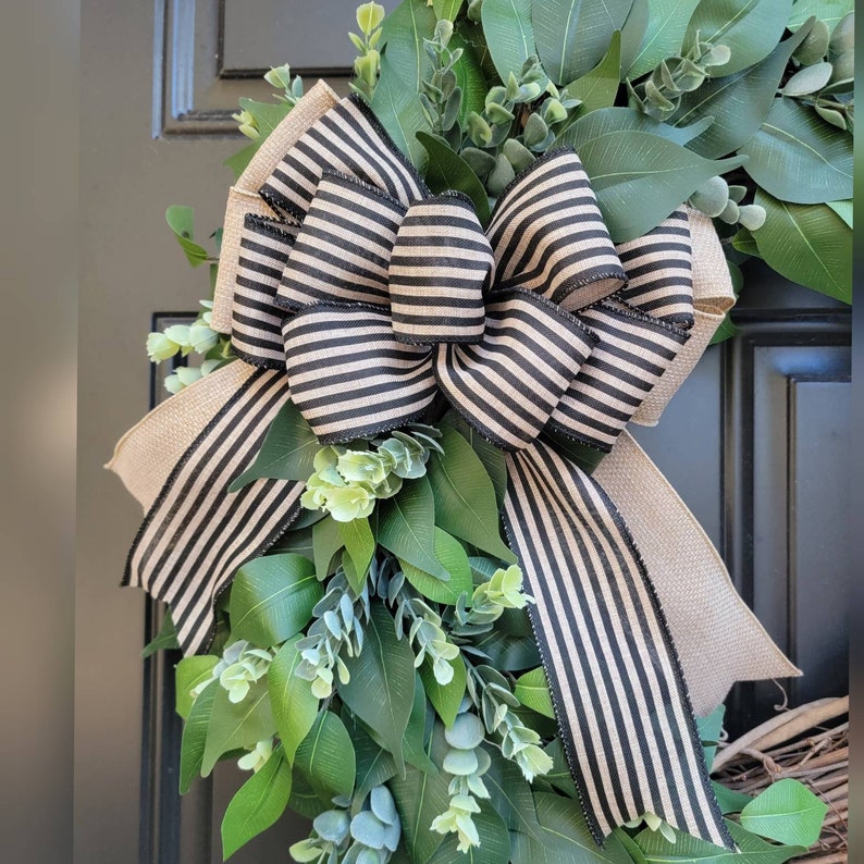 Greenery Wreath Year Round, LARGE 21 Eucalyptus Wreath for Front Door, Everyday Wreath, Year Round Farmhouse Wreath with Black Striped Bow image 6