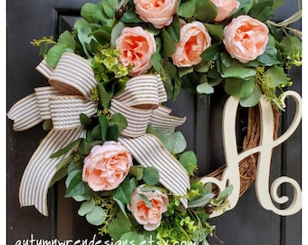 Cottage Garden Wreath with Eucalyptus and Large Cabbage Roses, Vintage greenery wreath for door, Gift