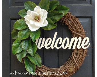 Year Round WELCOME Magnolia Wreath with Magnolia Leaves, Farmhouse style Everyday Door Wreath with Magnolia and Welcome Sign,  Wreaths, Gift