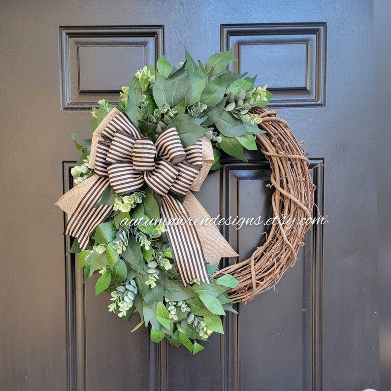 Greenery Wreath Year Round, LARGE 21 Eucalyptus Wreath for Front Door, Everyday Wreath, Year Round Farmhouse Wreath with Black Striped Bow image 7