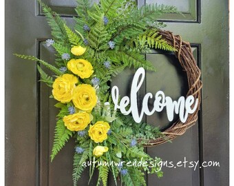 Yellow and Blue Everyday Door Wreath with Fern, Welcome Door Wreath, All Season Greenery Wreath, Fern Wreath, Yellow Door wreath