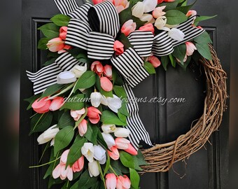 Spring Coral Peach Tulip Wreath, Spring Wreath for Front Door, Peach Tulip Wreath, Spring Farmhouse Wreath with Tulips, mothers day gift