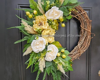 LARGE Neutral Wreath for Door, Cream White Decor, Eucalyptus Wreath,  Peony Wreath with Eucalyptus, Gift