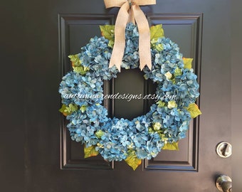 Large Spring Turquoise Hydrangea and Eucalyptus Wreath,  Blue and Green Door Wreath,  Spring Door Wreath, Mothers day gift, Gift