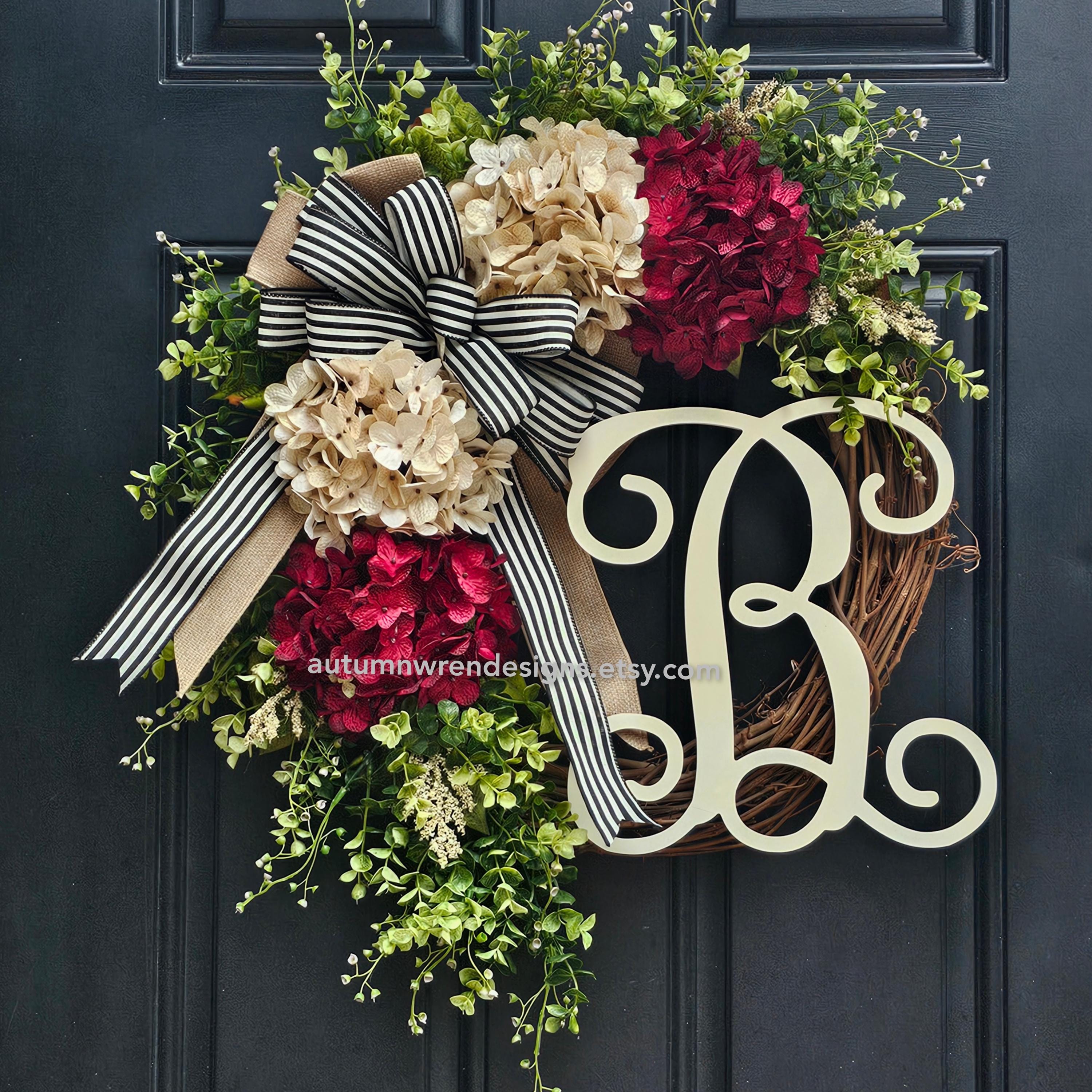 22x26 Winter Door Wreath, Everyday Wreaths, Year round Door Decor, Red Hydrangea Wreath for Front Door, Black stripe bow, Gift