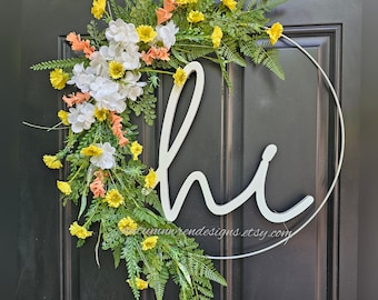 Modern HOOP Wreath with Wildflower Fern Hi Sign, Front Door Wreath with hi sign, Modern Hoop Wreath for Front Door, Wreaths, Gift