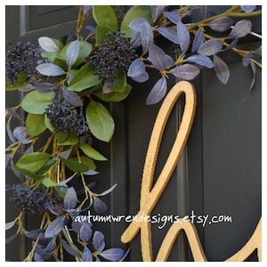 Modern HOOP Wreath with Blue Leaves Hi Sign, Front Door Wreath with hi sign, Modern Hoop Wreath for Front Door, Wreaths, Gift image 2