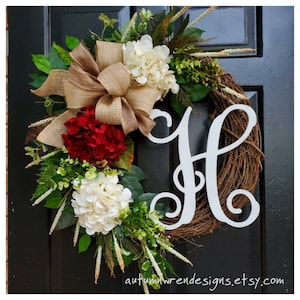 Large Christmas Winter Wreath, Red Hydrangea Door Wreath, Neutral Cream and Red Wreath for Front Door, Large Hydrangea Wreath, Gift