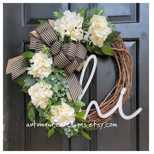Year Round Eucalyptus wreath with White Hydrangeas,   Greenery Wreath, Eucalyptus Wreath for Front Door, Everyday Wreath, Gift
