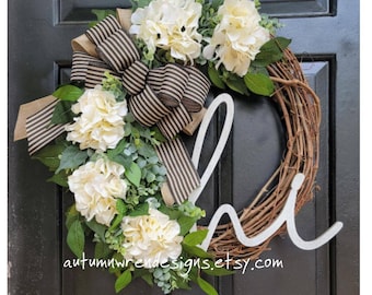Year Round Eucalyptus wreath with White Hydrangeas,   Greenery Wreath, Eucalyptus Wreath for Front Door, Everyday Wreath, Gift,