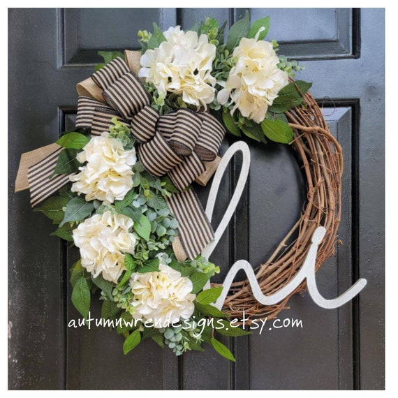 Year Round Eucalyptus Wreath With White Hydrangeas Greenery Etsy