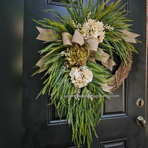 Year round Hydrangea Wreath, Neutral Green Cream floral and Berry Wreath, Burlap Bow, All Season decor,