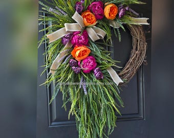 Colorful Spring Peony Wreath, Pink Coral Lavender and purple, Spring Door Decor, Gift,