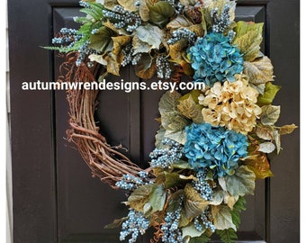 Large Turquoise Blue Hydrangea Door Wreath, Turquoise Door Wreath, Large Door Wreath, Blue Wreath for Door, Large Hydrangea Wreath, Gift