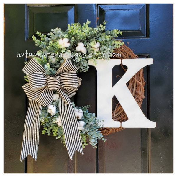 YEAR ROUND Door Wreaths, Eucalyptus Wreath with Large Monogram, Everyday Wreaths for Front Door Wreath, Gift