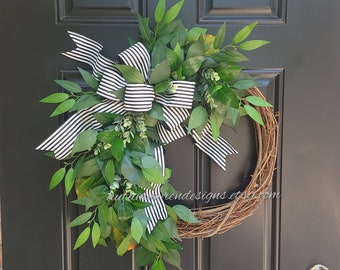 Greenery Wreath, LARGE 22"  Eucalyptus Wreath for Front Door, Everyday Wreath, Custom Monogram Wreath, Year Round Farmhouse Wreath, Gift