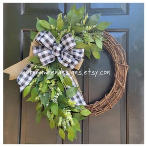 Year Round Greenery Wreath, LARGE 21 inch Eucalyptus Wreath for Front Door, Everyday Wreath with Black Buffalo Check Bow, Year Round Wreath