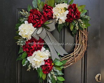 Year round Door Decor, Everyday Wreath with farmhouse black stripe bow, Ruscus greenery Door Wreath, Red and Cream Hydrangea Wreath