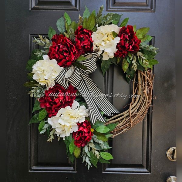 Year round Door Decor, Everyday Wreath with farmhouse black stripe bow, Ruscus greenery Door Wreath, Red and Cream Hydrangea Wreath