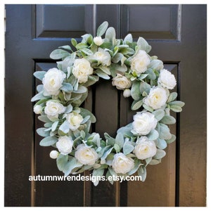 22 Inch Large Everyday Farmhouse Welcome Wreath with Lambs ear Greenery and Ranunculus Flowers, Farmhouse greenery wreath for door, Gift